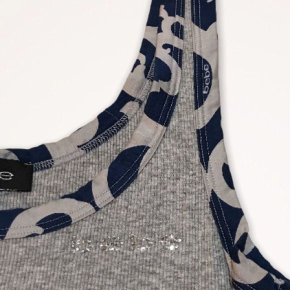 BEBE Silk Trim Heathered Gray Rhinestone Logo Tank - Picture 2 of 8
